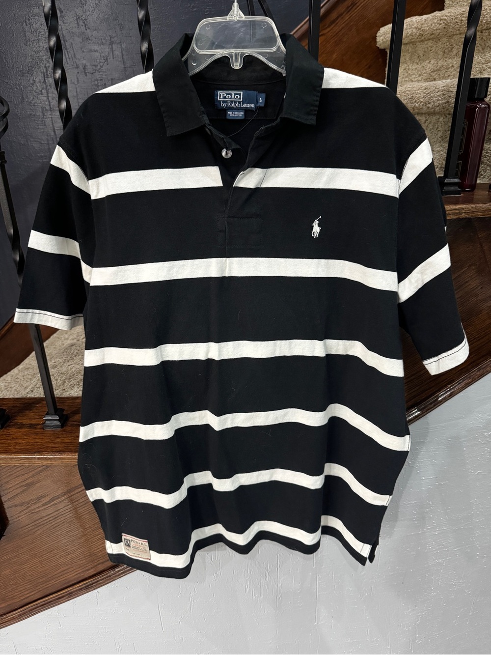 Large Rugby Polo by Ralph Lauren Black & White Horizontal Stripe Polo